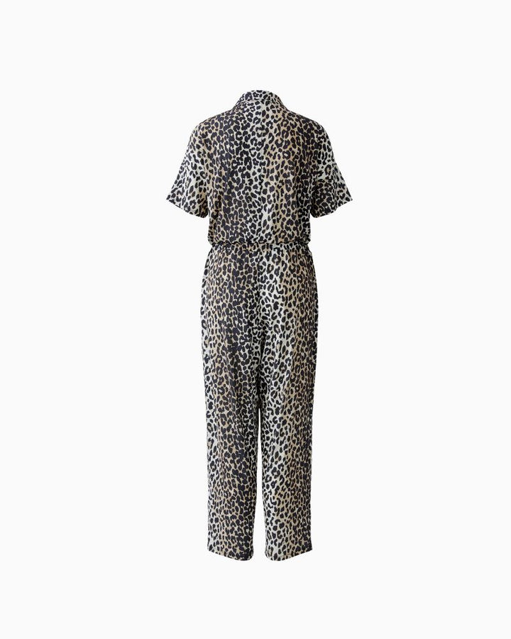 Back view of jumpsuit with all-over print and soft drape
