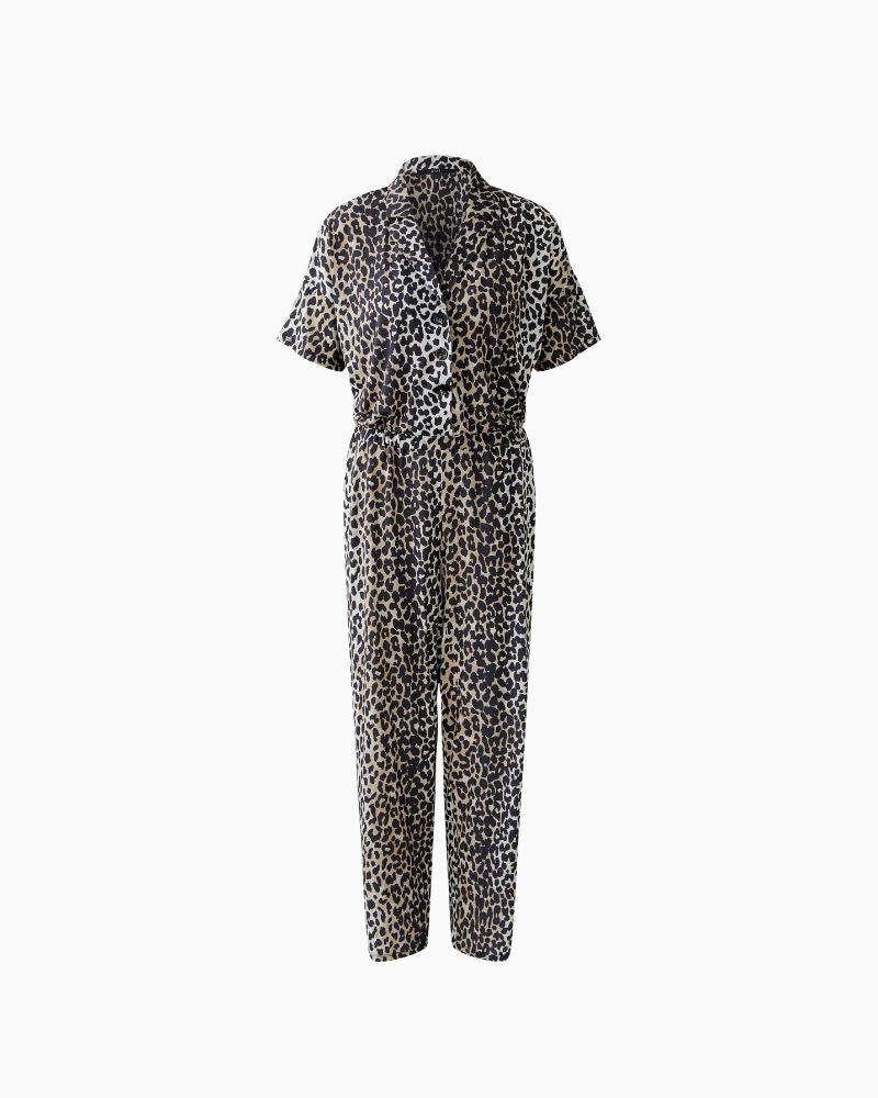 Oui leopard print jumpsuit in silky fabric with lapel collar and button front