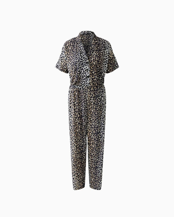 Oui leopard print jumpsuit in silky fabric with lapel collar and button front