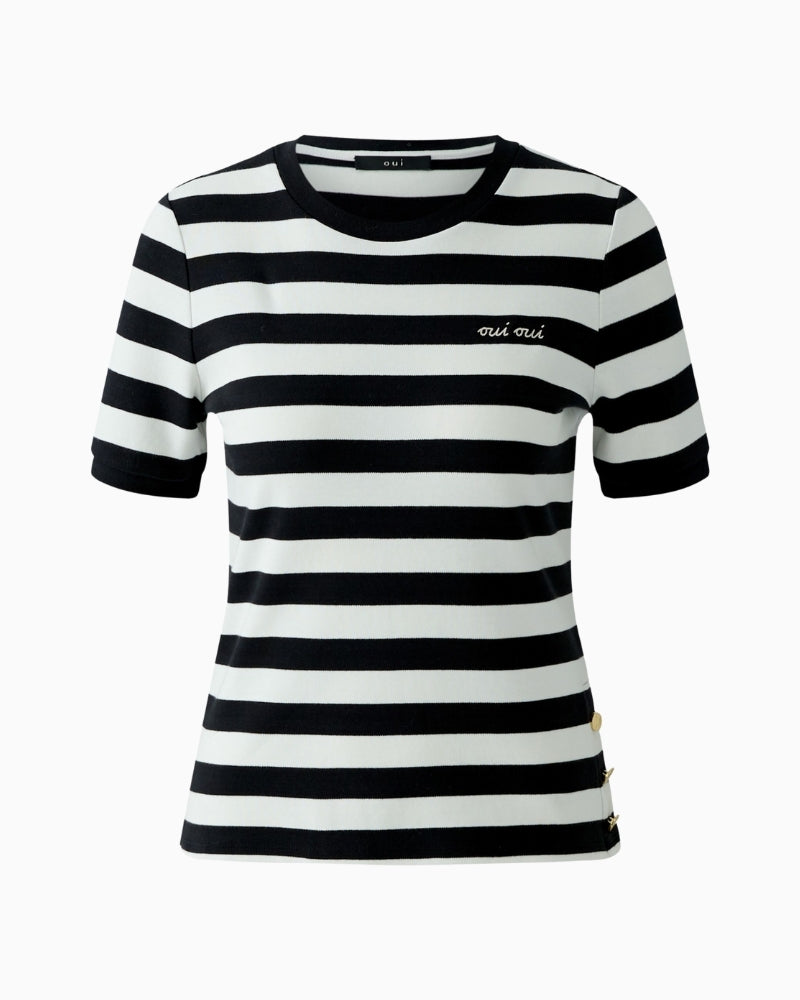 Oui white and black cotton T-shirt with logo embroidery, front view – Áines Boutique