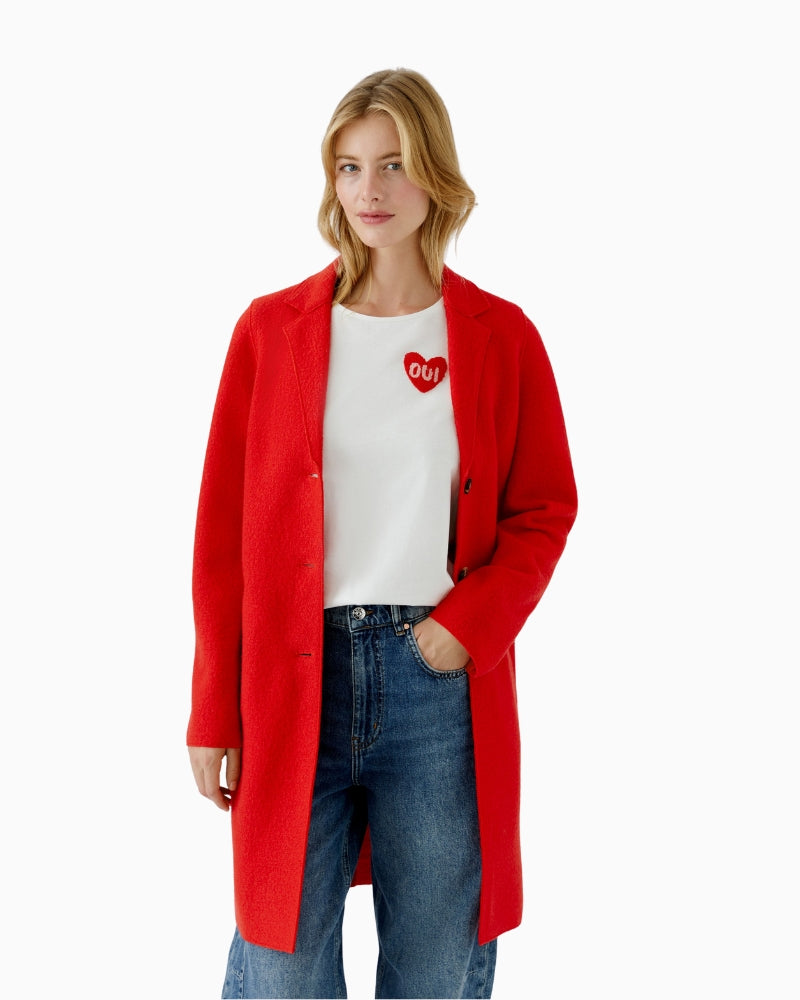 Red wool coat by Oui with notch collar and straight fit