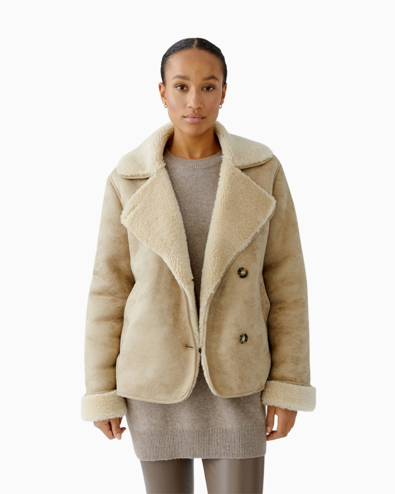 Oui outdoor jacket in stone with antique leather-look outer and fur lining