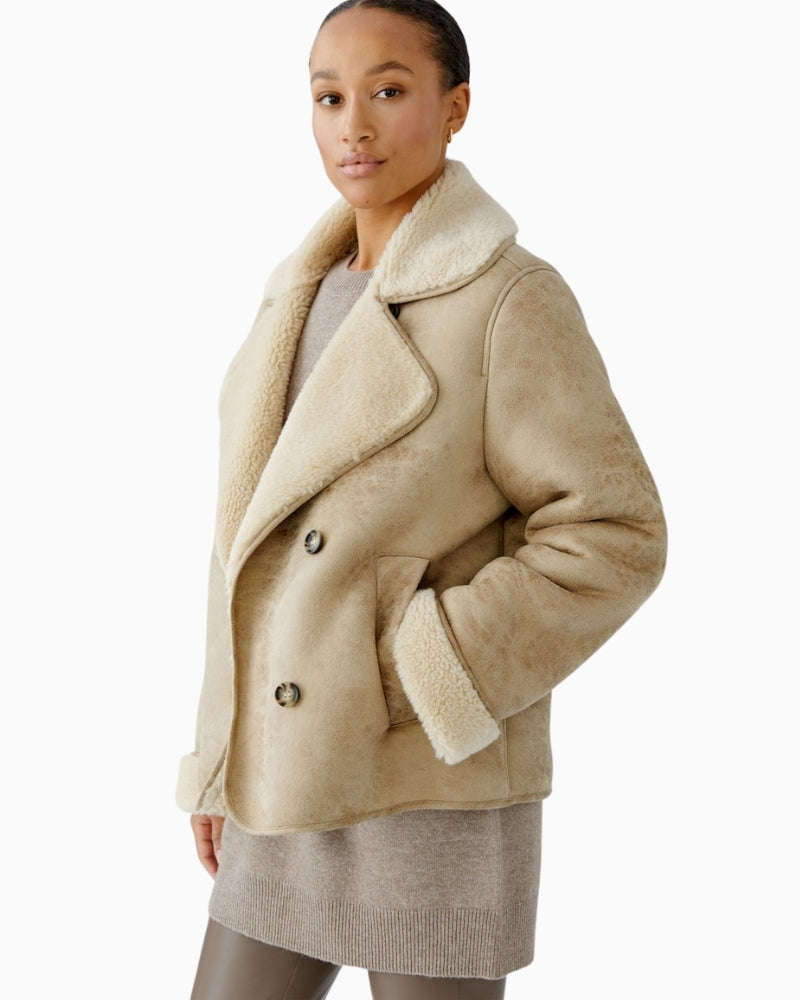 Oui outdoor jacket in stone with antique leather-look outer and fur lining