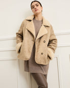 Front view of oversized Oui jacket with lapel collar and single-breasted closure
