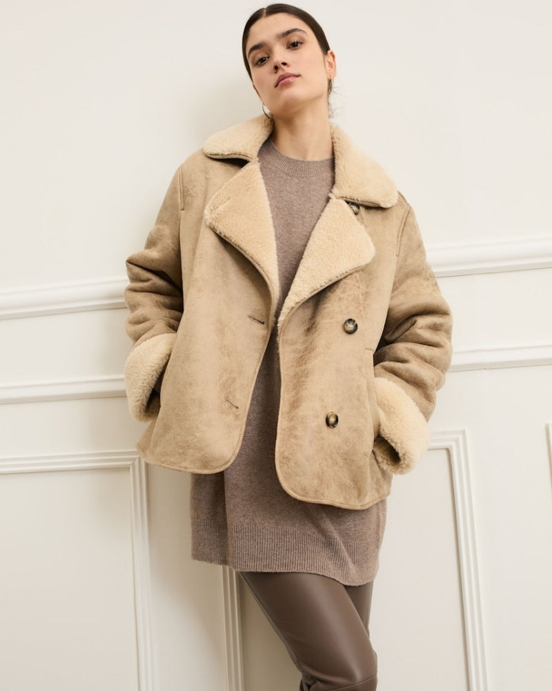 Front view of oversized Oui jacket with lapel collar and single-breasted closure