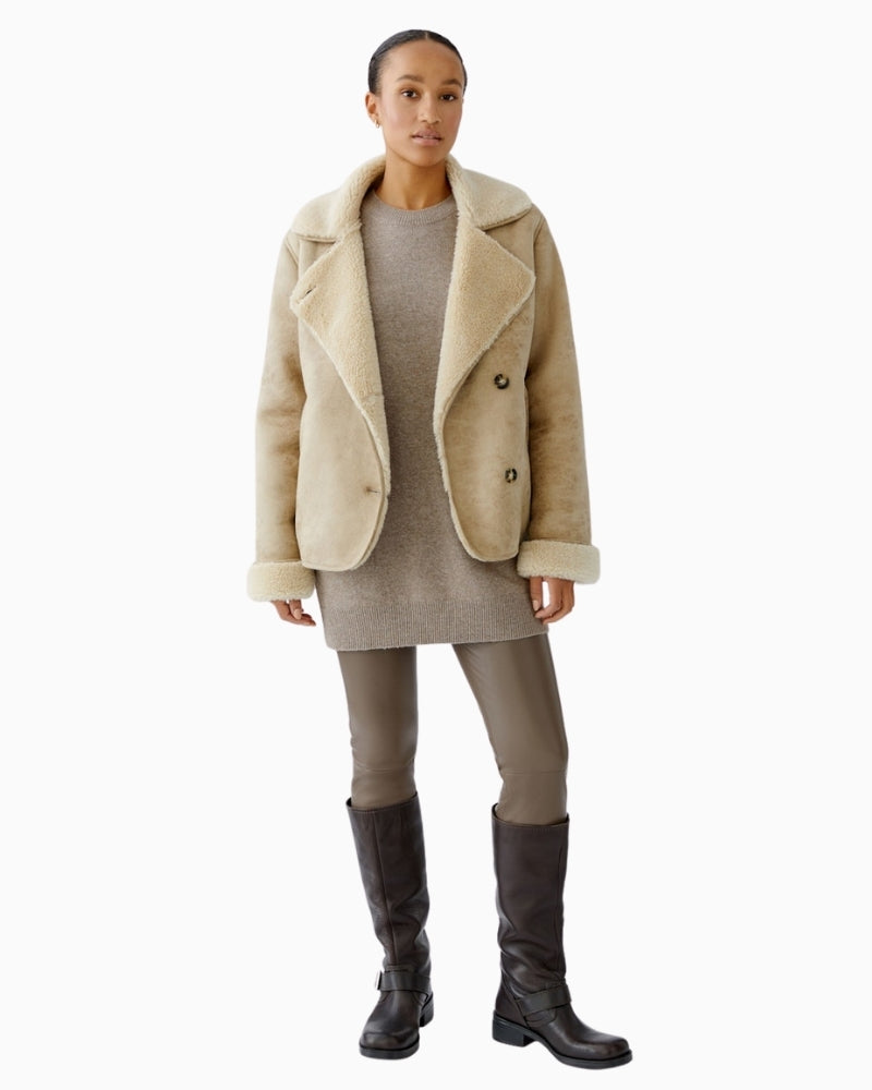 Oui outdoor jacket in stone with antique leather-look outer and fur lining