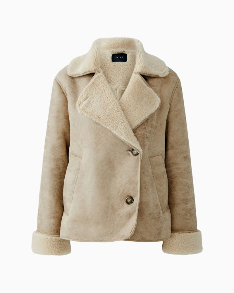 Front view of oversized Oui jacket with lapel collar and single-breasted closure