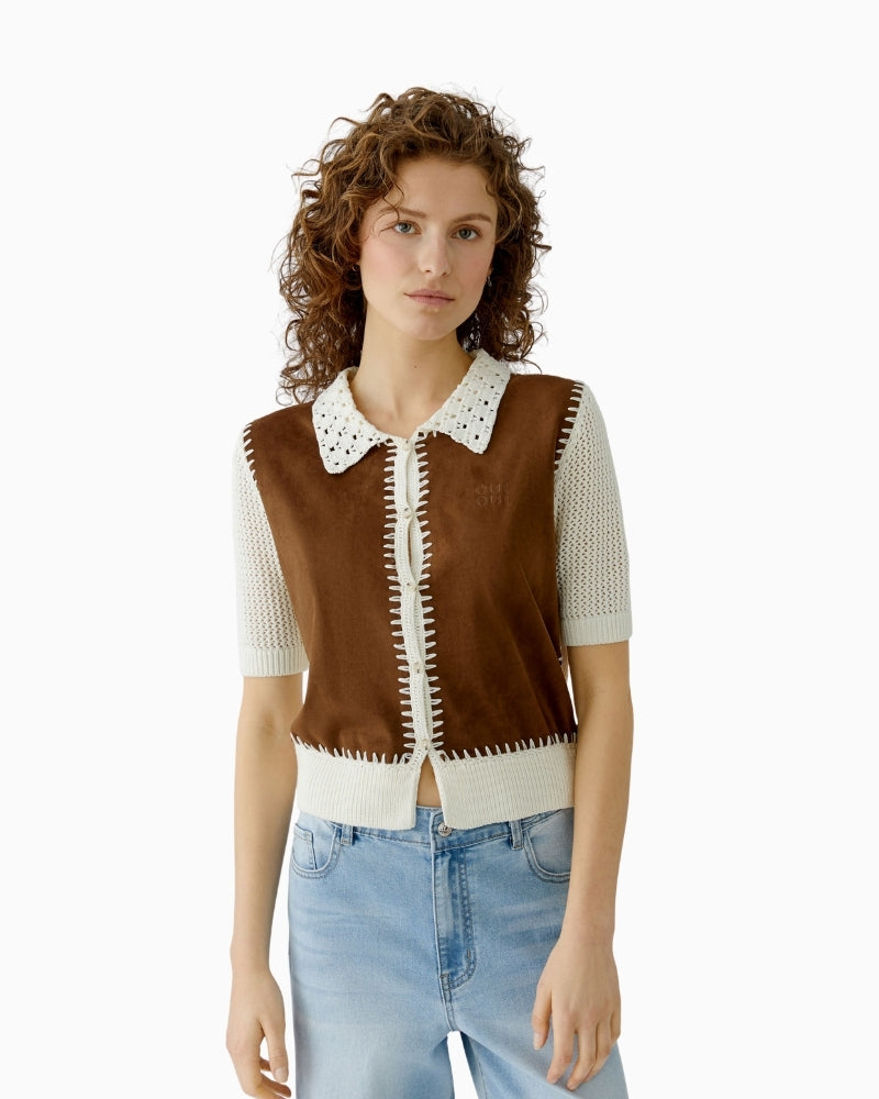 Oui patched cardigan white and brown front view – Áines Boutique