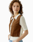 Oui patched cardigan white and brown side view – Áines Boutique