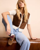 Woman wearing Oui patched cardigan white and brown – Áines Boutique