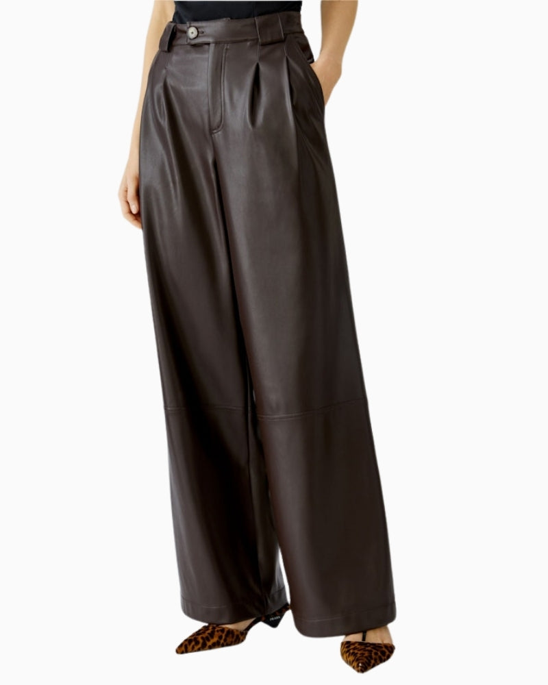 Oui pleat-front trousers in dark brown leather-look fabric