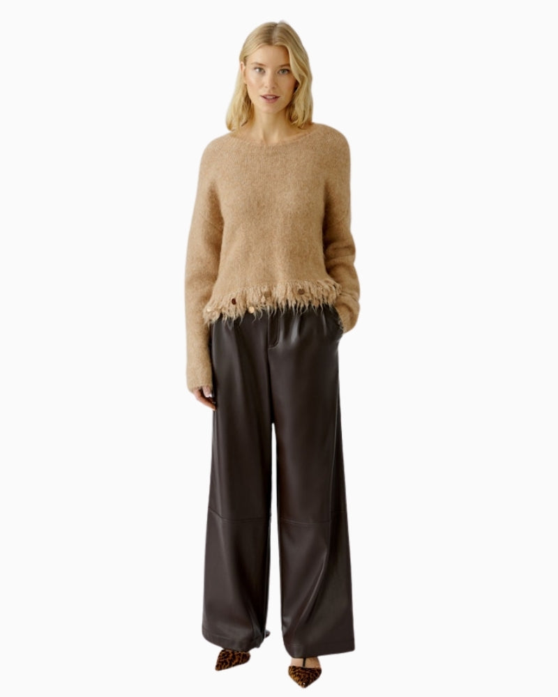 Oui pleat-front trousers in dark brown leather-look fabric