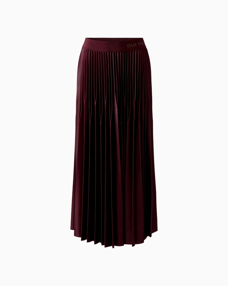 Oui pleated maxi skirt in glossy bramble berry with elastic waistband