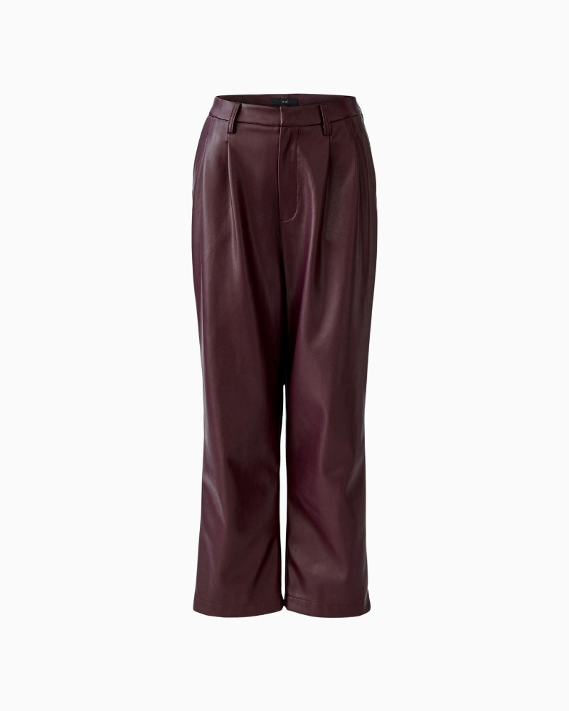 Oui pleated trousers in bramble berry leather-look with cropped length