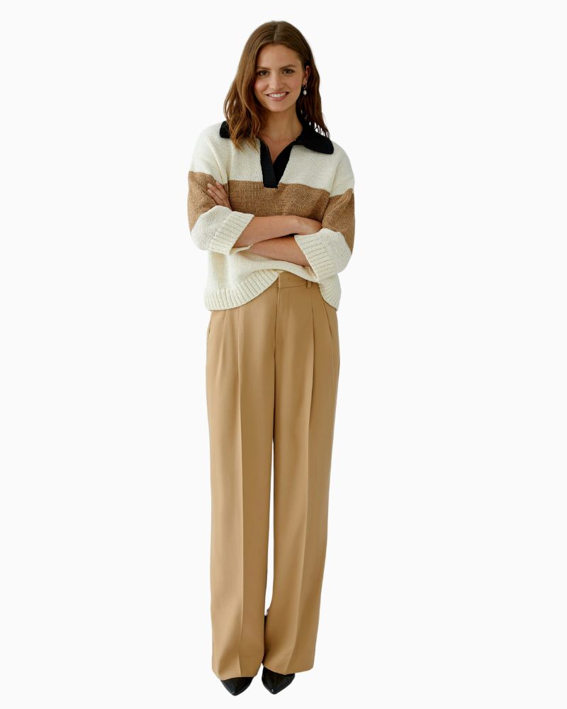 Full View of waistband, pleats, and soft drape of twill fabric