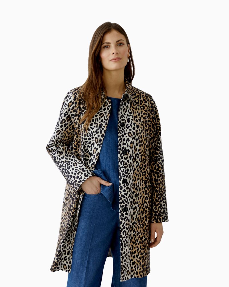 Oui short cotton coat with camel and black all-over print and straight cut