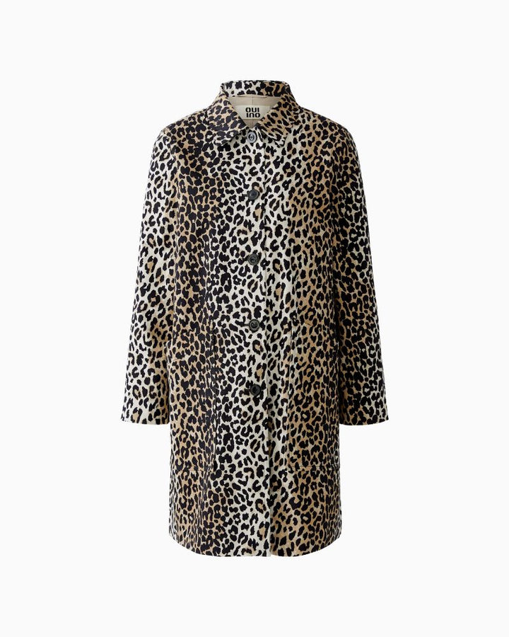 Front view of printed coat showing shirt collar and patch pockets