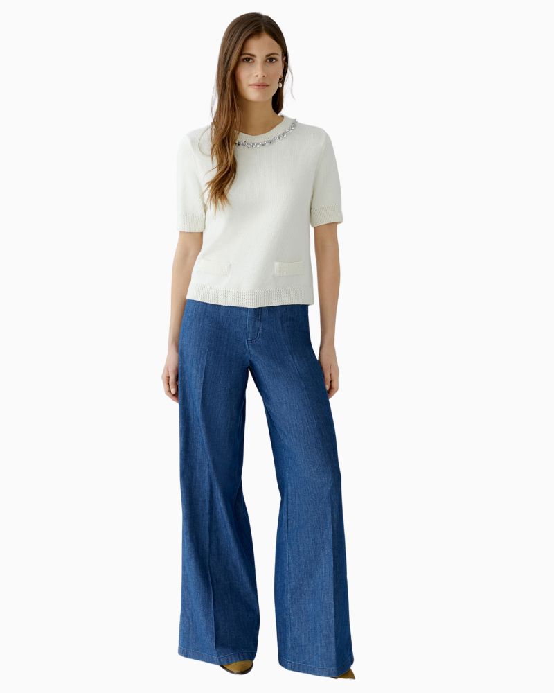 Oui cropped cotton blend pullover in off-white with short sleeves and ribbed trim