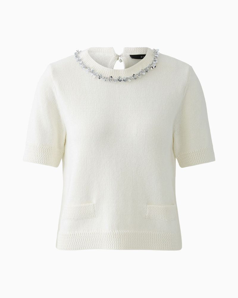Oui cropped cotton blend pullover in off-white with short sleeves and ribbed trim
