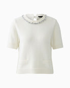 Oui cropped cotton blend pullover in off-white with short sleeves and ribbed trim