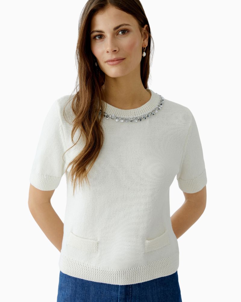 Close-up of ribbed cuff and faux pocket detail on soft knit
