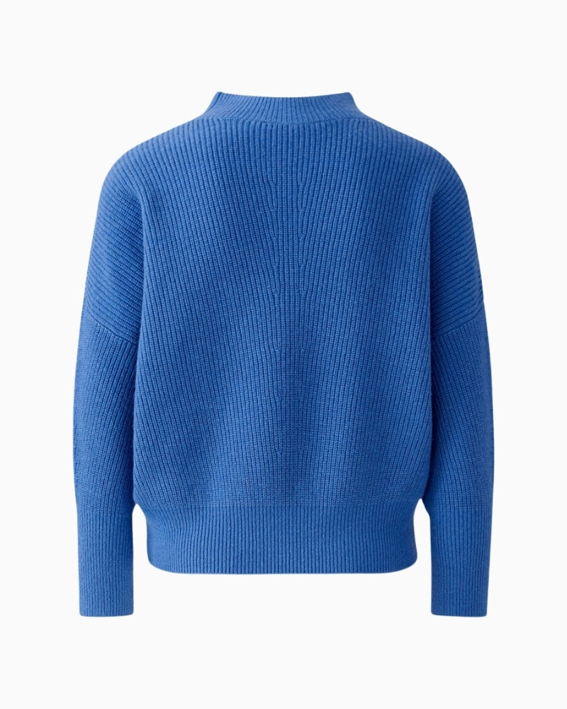 Back view of Oui rib knit pullover showing boxy fit and tapered hem