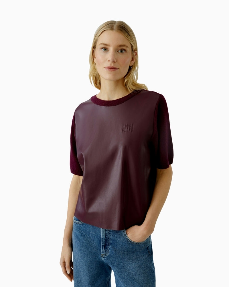 Oui cropped pullover in bramble berry cotton blend with crew neck and logo detail