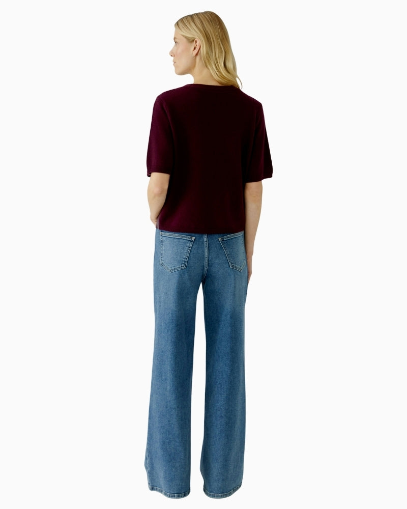 Back view of casual fit Oui jumper showing patch knit and cropped shape