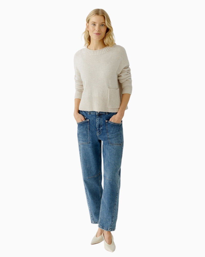 Oui light beige mélange cropped pullover in soft wool blend with round neck