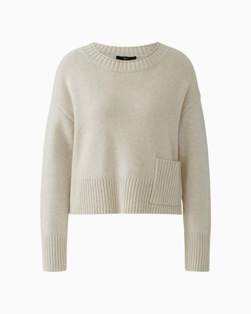 Oui neutral cropped knit in light beige with rolled neckline and soft finish