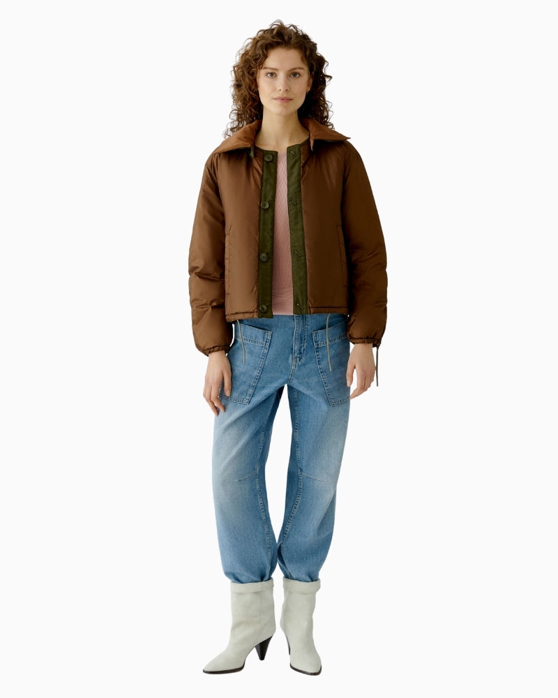 Woman wearing Oui reversible jacket, full outfit model view – Áines Boutique