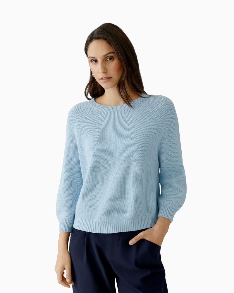 Oui light blue ribbed pullover, front flat lay view – Áines Boutique