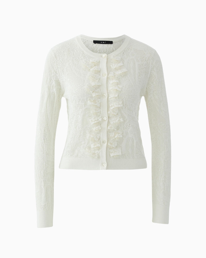 Oui ruffle detail knit cardigan cream front view white background – Áines Boutique