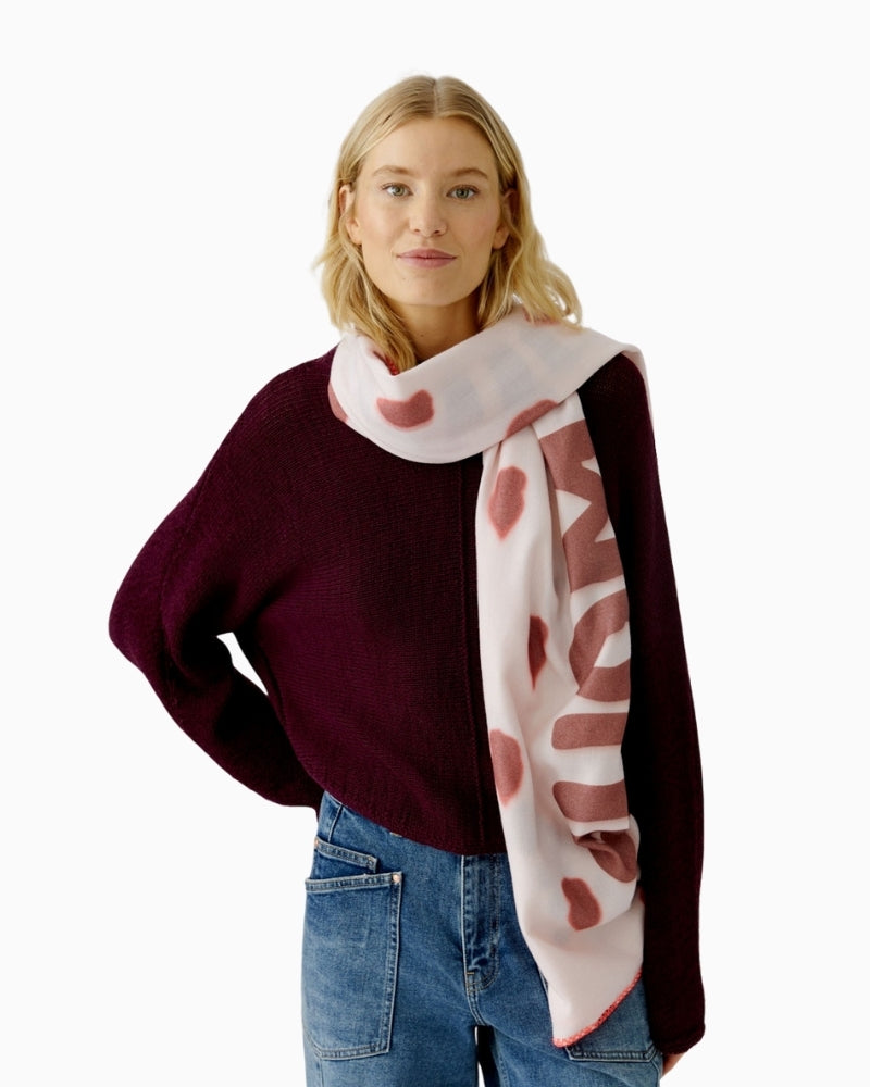 Oui rose red printed scarf styled draped around the neck