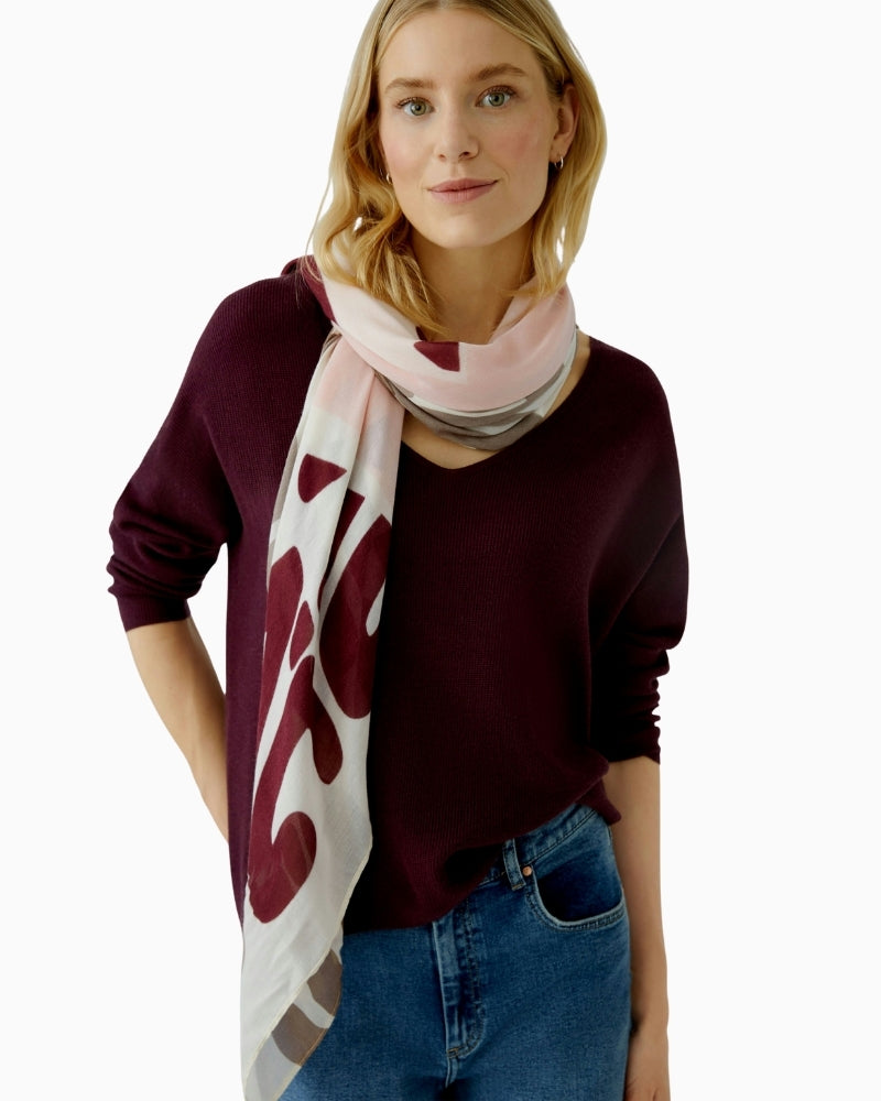 Oui rose red shawl with four-colour placed print in soft viscose