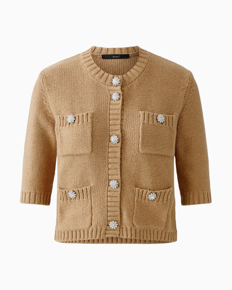 Front Oui short cardigan in Cloud Dancer with patch pockets and press stud front