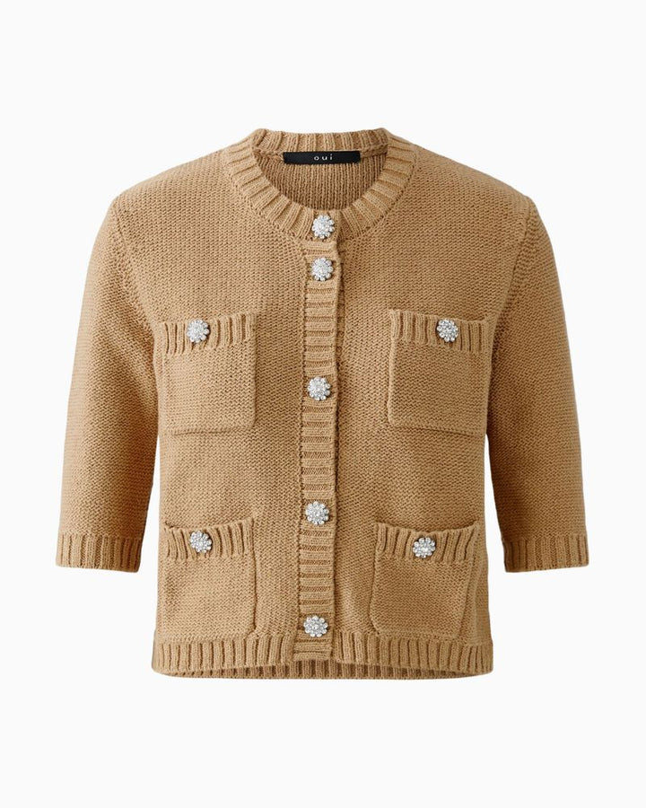Front Oui short cardigan in Cloud Dancer with patch pockets and press stud front