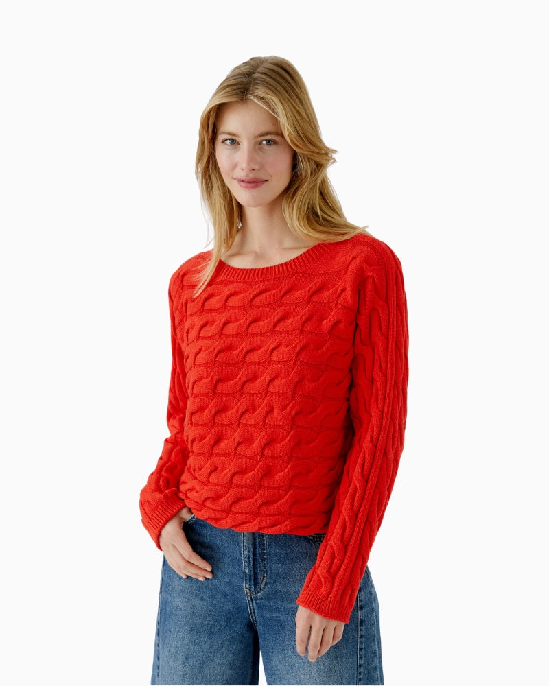 Red cropped cable knit jumper by Oui with boxy fit and U-boat neckline