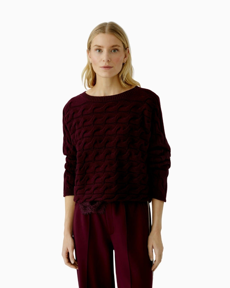 Oui Sirah cable knit pullover in bramble berry with cropped boxy fit and light boat neck