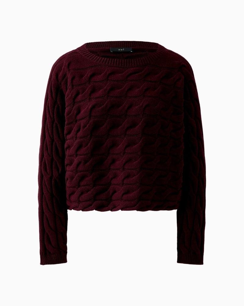 Oui Sirah cable knit pullover in bramble berry with cropped boxy fit and light boat neck