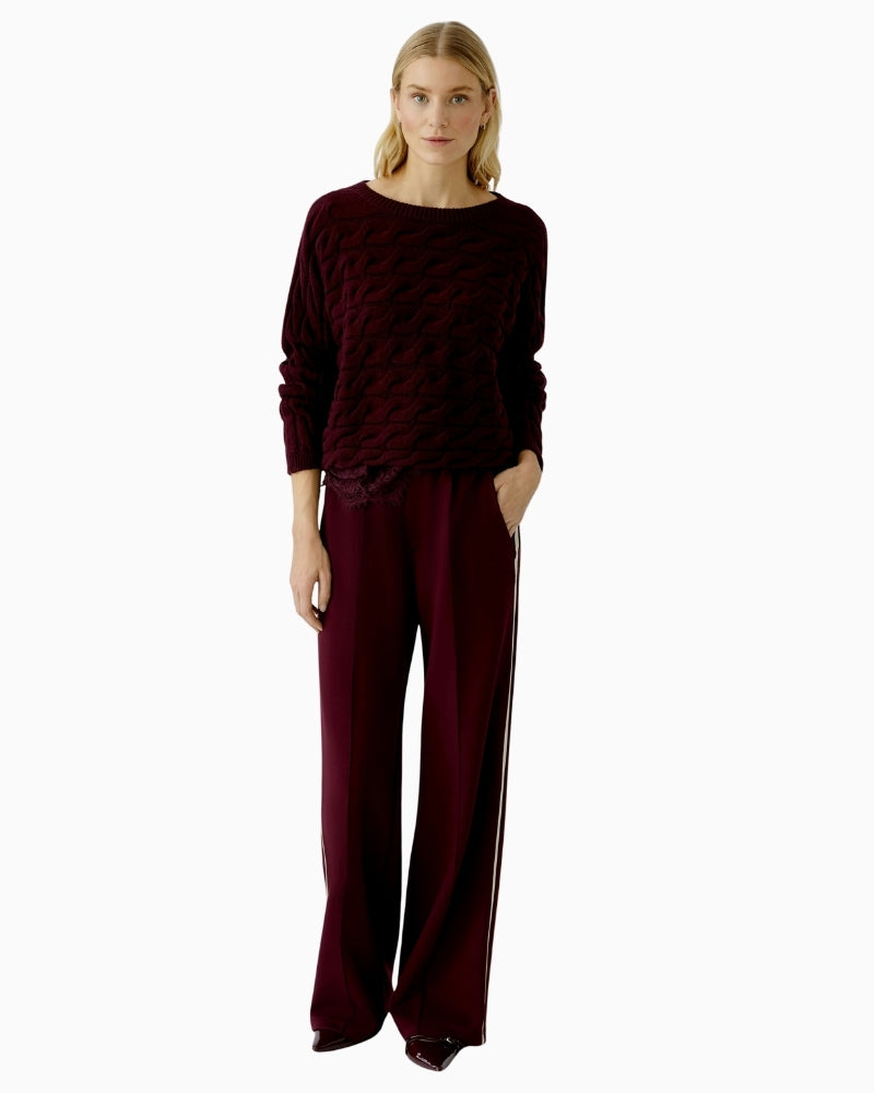 Oui Sirah cable knit pullover in bramble berry with cropped boxy fit and light boat neck