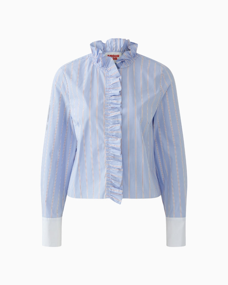 Blue cotton blend blouse by Oui with soft frill neckline detail