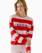 Close-up of round neckline and knit texture in stripe jumper