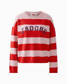 Front view of red and pink cotton knit sweater by Oui