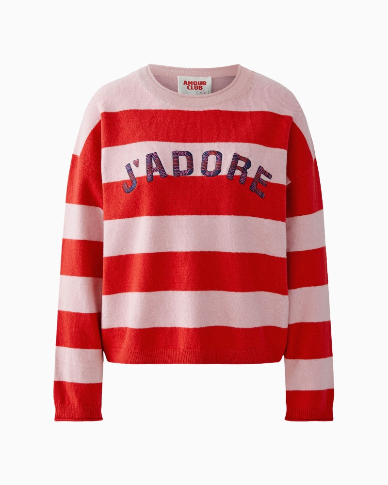 Front view of red and pink cotton knit sweater by Oui