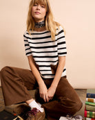 Woman wearing Oui stripe pullover white and black – Áines Boutique