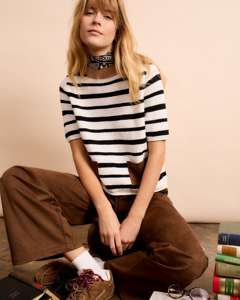 Woman wearing Oui stripe pullover white and black – Áines Boutique