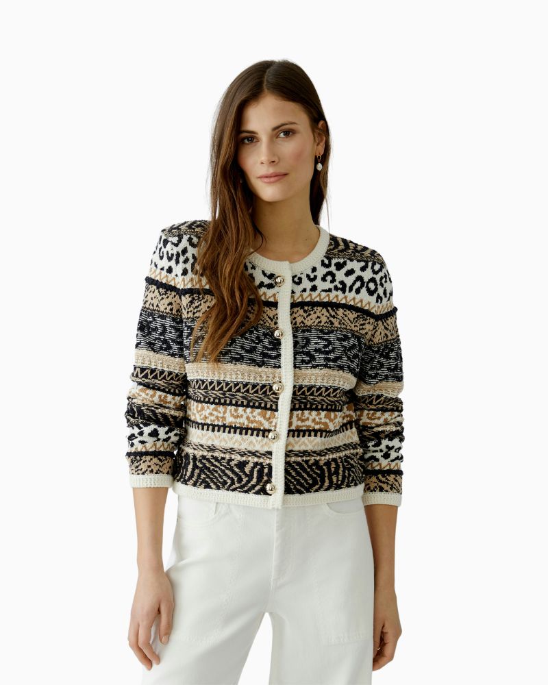Oui striped cotton cardigan in off-white and black with cropped fit and round neck