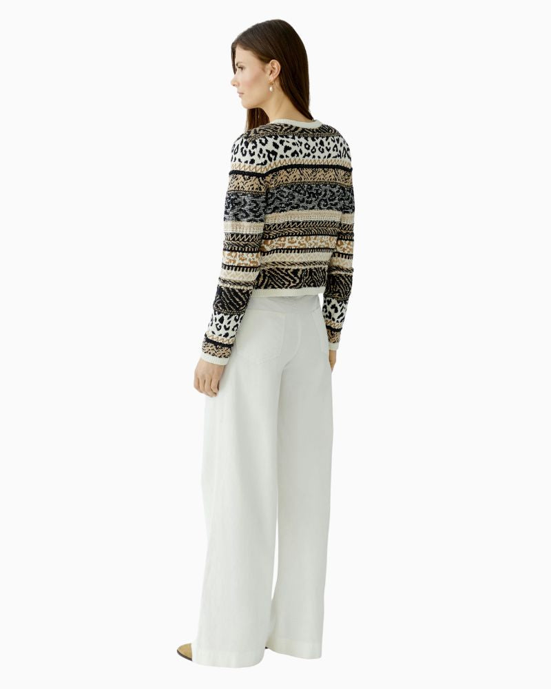 Back view of Oui cardigan with subtle shoulder padding and clean stripe detail