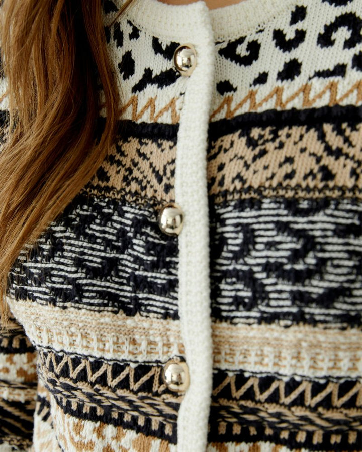 Close-up of half-sphere buttons and raised knit design